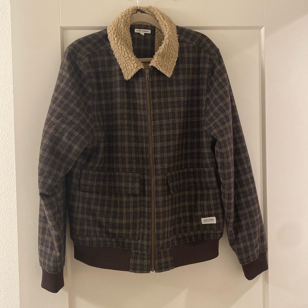 Brown Plaid Bomber Jacket with Shearling Collar